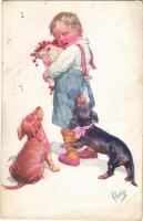 1919 Children art postcard, boy with dogs. B.K.W.I. 828/4. s: K. Feiertag (EB)