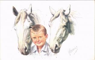 Children art postcard, boy with horses. B.K.W.I. 192-1. s: K. Feiertag