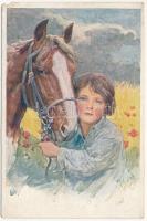 1922 Children art postcard, girl with horse. B.K.W.I. 261-3. s: K. Feiertag (EM)