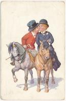 1914 Children art postcard, romantic couple with horses. B.K.W.I. 812-4. s: K. Feiertag (EB)