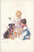 1916 Children art postcard, Dachshund dog. B.K.W.I. 453-5. s: K. Feiertag (EK)