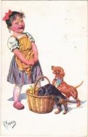 Children art postcard, girl with Dachshund dogs. B.K.W.I. 828/6. s: K. Feiertag (EK)