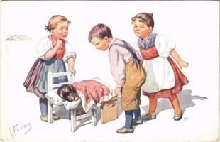 1912 Children art postcard, sleeping Dachshund dog. B.K.W.I. 46-4. s: K. Feiertag (EB)