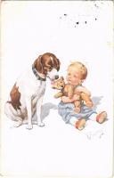 Children art postcard, boy with teddy bear and dog. B.K.W.I. 453-1. s: K. Feiertag (fl)