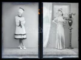 cca 1943 és 1949 között készült 15 db vintage üveglemez NEGATÍV (ravatal, divatos hölgyek, balettcipős kislány, épületfotó, temetői felvétel, stb.), Mosonyi Antalné kiskunfélegyházi fényképész hagyatékából, 15x10 cm