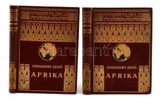 Cholnoky Jenő: Afrika I-II. kötet. Magyar Földrajzi Társaság könyvtára. Bp., [1930], Lampel R. (Wodianer F. és Fiai) Rt., 4+267 p.+1 t. színes kihajtható térkép.+4+1+268-488 p. +1 t. színes kihajtható térkép. Gazdag fekete-fehér képanyaggal illusztrált. Kiadói aranyozott egészvászon sorozatkötésben, egy kis sérüléssel az egyik gerincen, de összességében szép állapotban