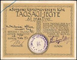 1933 A Soproni Képzőművészeti Kör tagsági jegye. Autográf és bélyegzett aláírásokkal Hajtva. 15x12 cm