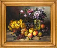 Tölgyes (?) jelzéssel: Virágcsendélet. Olaj, vászon, dublírozott. Fa keretben, 55×68 cm