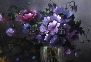 Tölgyes (?) jelzéssel: Virágcsendélet. Olaj, vászon, dublírozott. Fa keretben, 55×68 cm