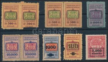 1924 9 db Budapest székesfőváros forgalmi adó + 1 db lakásügyi illetékbélyeg, köztük 3 db pár is