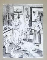 Carl W. Luckscheiter (?-?): Boldogság a 4. emeleten, 1931 (karikatúra). Tus, papír, jelzett. Kartonra kasírozva. 38×28,5 cm.