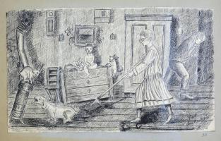 Carl W. Luckscheiter (?-?): Áll a bál (groteszk rajz). Tus, papír, jelzett. Lap széle kissé sérült. Kartonra kasírozva. 27,5×45,5 cm.