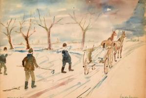 Vajda Ferenc (1892-?): Jégvágók, 1947. Akvarell, ceruza, papír, jelzett. Jobb felső sarkában kissé sérült. Üvegezett fa keretben. 28,5x41,5 cm