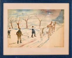 Vajda Ferenc (1892-?): Jégvágók, 1947. Akvarell, ceruza, papír, jelzett. Jobb felső sarkában kissé s...