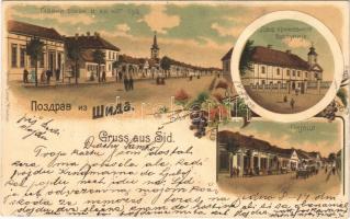 1901 Sid, Fő utca, templom, tér / church of the Krizevci diocese, square, shops. Ottmar Zieher Art Nouveau, floral, litho