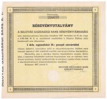 Budapest 1947. A Szlovák Gazdasági Bank Részvénytársaság részvényutalványa egy darab 15P névértékű részvényről, szárazpecséttel T:I-