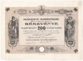 Hajdúszoboszló 1927. Hajdúmegyei Takarékpénztár tíz darab részvénye egyben, összesen 200P-ről, szelvényekkel, szárazpecséttel T:II hajtatlan