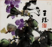 Ismeretlen jelzéssel, feltehetően távol-keleti (kínai?) alkotó műve: Nővények. Akvarell, papír, üvegezett keretben, 28x31,5 cm