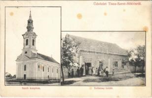 Tiszaszentmiklós, Ostojicevo; szerb templom, Székessy Ede üzlete és saját kiadása / Serbian church, shop (fl)