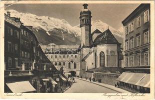 1937 Innsbruck (Tirol), Burggraben mit Hofkirche / street view, church (tear)