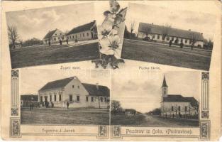 1909 Góla, Gola, Gole (Podravina); Zupni dvor, pucka skola, Trgovina J. Janes / iskola, templom, plébánialak, üzlet / church, school, rectory, shop. Art Nouveau, floral (EM)