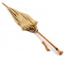 Régi szövet napernyő fa nyéllel, ernyőn foltokkal, d: 83 cm, h: 92 cm
