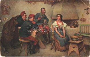 Austro-Hungarian K.u.K. military art postcard, soldiers flirting. B.K.W.I. 546-4. s: Dussek (kopott sarkak / worn corners)