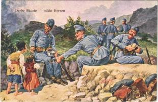 1916 Kemény harcosok - puha szívek / Derbe Fäuste - milde Herzen / WWI Austro-Hungarian K.u.K. military art postcard + K.u.K. Trainbegleiteskadron für Feldbahn No. 5. I. Sektion (r)