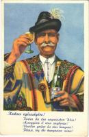 Kedves egészségére! Magyar bor reklámlap, folklór / Hungarian wine advertising propaganda, folklore s: Pálinkás Gy.