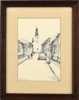 Meiszter Kálmán (1925-2018): Pécsi utca, 1985. Toll, papír, jelzett, üvegezett fa keretben, 20,5×13,5 cm