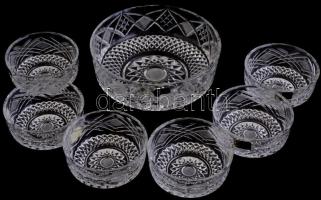 Lausitzer Glass ólomkristály kompótos tál és 6 db kompótos csésze, metszett, matricával jelzett, a tálon kis karcolással, 19,5x7 cm, 11x5 cmx6