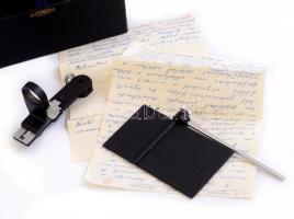 Meopta tükrös nagyító rajzoló készülék mikroszkóphoz, kézzel írt használati utasítással, eredeti dob...