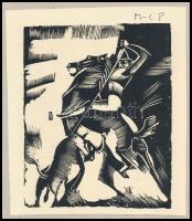 Molnár C. Pál (1894-1981): Támadás. Fametszet, papír, utólagos jelzéssel, kartonra ragasztva, 15×12 ...