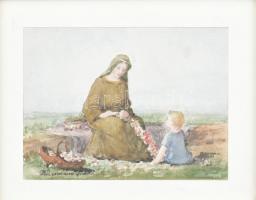 Barabás Reismann Gizella (1893-1985): Szűz Mária. Akvarell, papír, jelzett, üvegezett keretben, hátoldalon ceruzavázlattal, 9,5×12 cm