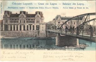 1902 Lugos, Lugoj; Bésán palota, vashíd, Délmagyarországi Bank, Corso kávéház / palace, bridge, bank, cafe (fa)