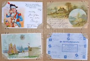 Századfordulós képeslapgyűjtemény maradványai korabeli albumban, főleg külföldi városképek és üdvözlőlapok közte lithok és jobbak