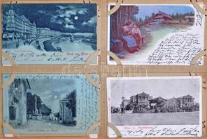 Századfordulós képeslapgyűjtemény maradványai korabeli albumban, főleg külföldi városképek és üdvözl...