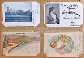 Századfordulós képeslapgyűjtemény maradványai korabeli albumban, főleg külföldi városképek és üdvözl...
