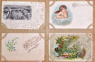 Századfordulós képeslapgyűjtemény maradványai korabeli albumban, főleg külföldi városképek és üdvözl...