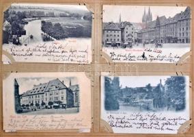 Századfordulós képeslapgyűjtemény maradványai korabeli albumban, főleg külföldi városképek és üdvözl...