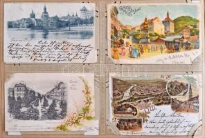 Századfordulós képeslapgyűjtemény maradványai korabeli albumban, főleg külföldi városképek és üdvözl...