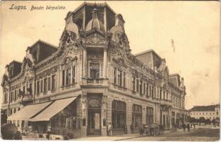 1913 Lugos, Lugoj; Bésán bérpalota, Délmagyarországi bank, Corso kávéház / palace, bank, cafe (ázott sarok / wet corner)
