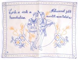 Vászonra hímzett régi falvédő Érik a búzakalász... felirattal, 77×59 cm