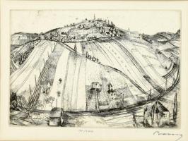 Barcsay Jenő (1900-1988): Táj. Rézkarc, papír, jelzett, 16x24 cm Üvegezett keretben.