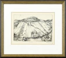 Barcsay Jenő (1900-1988): Táj. Rézkarc, papír, jelzett, 16x24 cm Üvegezett keretben