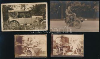 cca 1920-1930 4 db fotó motorokkal és autókkal kapcsolatban, 6,5x9 cm-től 9x13,5 cm-ig