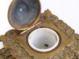 Réz asztali tintatartó porcelán betéttel, 10×10×10 cm