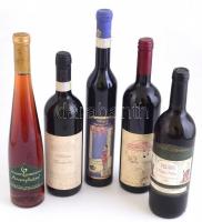 5 palack villányi bor 1995-2004-ig. Polgár Kadarka, Robin Cuvée, Arany hárs, Roth József: Pinot noir, Cabernet Franc, bontatlan palack, szakszerűen tárolt fehér és vörösbor
