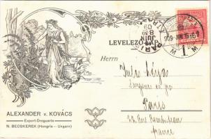 1909 Nagybecskerek, Zrenjanin, Veliki Beckerek; Alexander v. Kovács drogéria szecessziós reklámlapja és megrendelőlap a hátoldalon / Export Droguerie / drugstore advertisement and order form. Art Nouveau (EK)