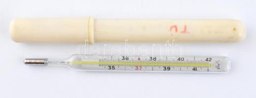 Higanyos lázmérő, műanyag tokban, h: 13 cm